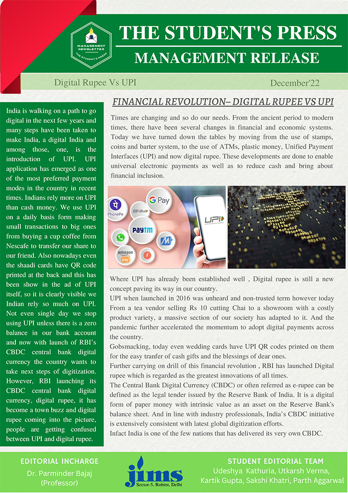 JIMS Management E- Newsletter FINANCIAL REVOLUTION – DIGITAL RUPEE VS UPI