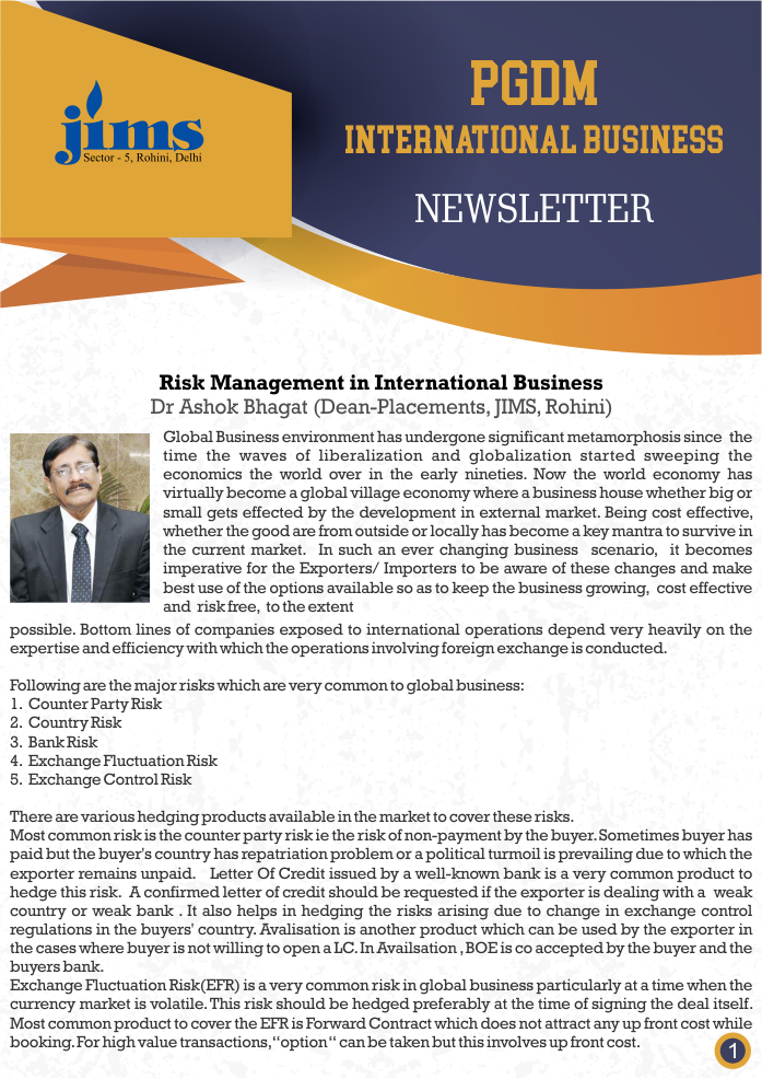 JIMS PGDM-IB Online newsletter [Trimester-I]