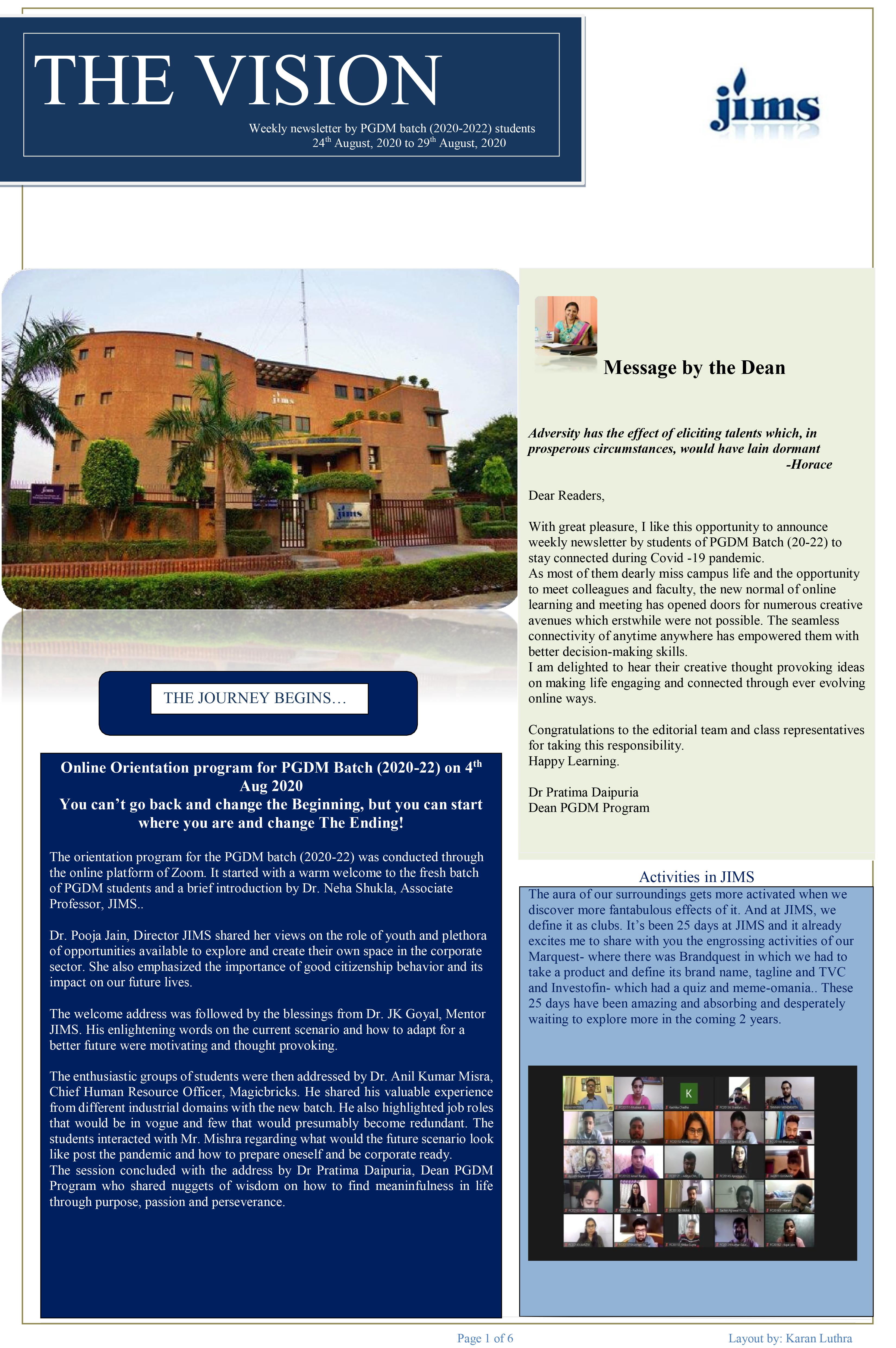 THE VISION Weekly Newsletter by PGDM batch (2020-2022) Students, 24th August, 2020 to 29th August, 2020