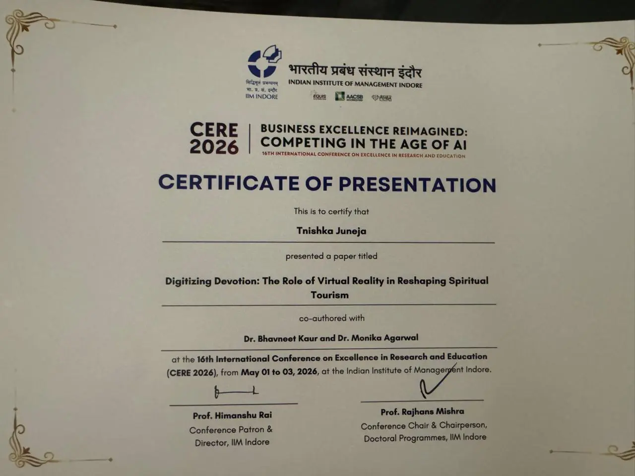 tnishka certificate